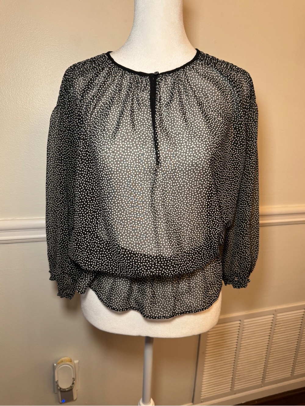 Zara Basic Black White Polka Dot Sheer Peplum Blouse Size L